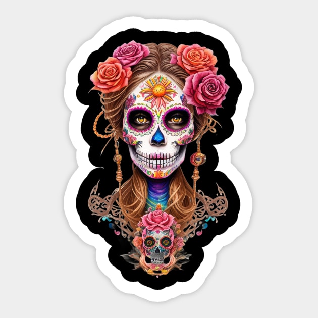 Embody the Spirit of Dia de los Muertos with Stunning Woman in Sugar Skull Makeup Sticker by ImaginativeInkPOD